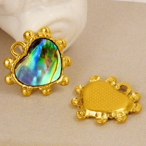 Macro view of heart-shaped 304 stainless steel pendant with iridescent abalone shell inlay
