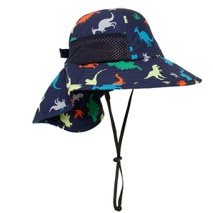 Detail of kids sun hat with dinosaur prints, mesh vents, and protective neck flap