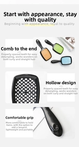 Detail showing hollow honeycomb design and ergonomic handle of the vented hairbrush