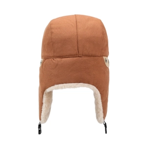 Winter thermal bomber hat in brown canvas with thick fleece lining and adjustable chin strap