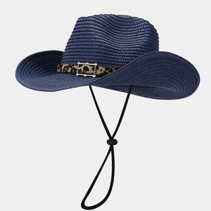 Detail of navy blue straw cowboy hat with leopard print belt buckle and wind strap