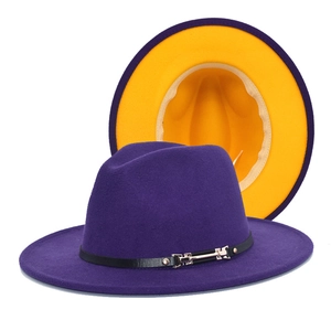 Detail of purple wool fedora with gold interior lining and black leather buckle strap
