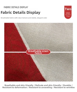 Macro shot of breathable linen garden flag fabric showing red and beige plain weave texture