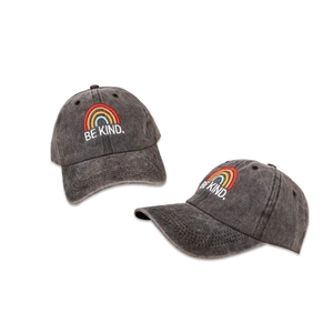 Detail shot of rainbow embroidery and Be Kind text on washed grey cotton baseball cap
