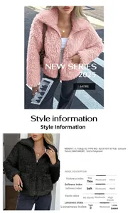 Close-up of soft faux fur teddy jacket texture with zipper closure details and fabric specs