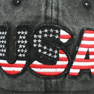 Washed grey USA embroidery baseball cap featuring US flag detail and vintage denim texture