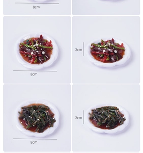 Detailed 8cm miniature artificial Chinese food model on white scalloped plate with dimensions