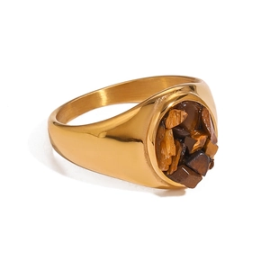 Vintage stainless steel signet ring for men with gold finish and natural tiger eye stone