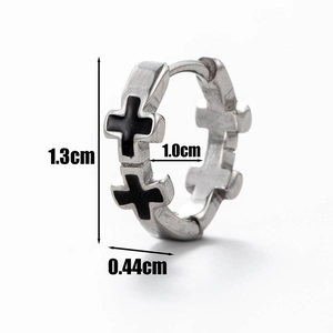 Men's stainless steel hoop earring with black cross patterns and detailed dimensions