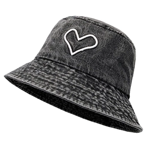 Casual dark grey washed denim bucket hat featuring white embroidered heart for women and men