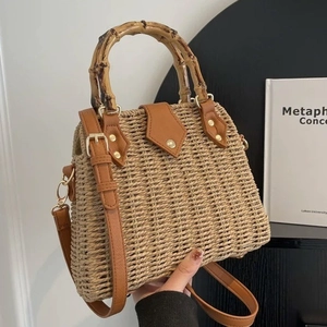 Retro Straw Woven Handbag With Bamboo Handle PU Leather Trim Vacation Travel Crossbody Bag For Women Bohemian Style