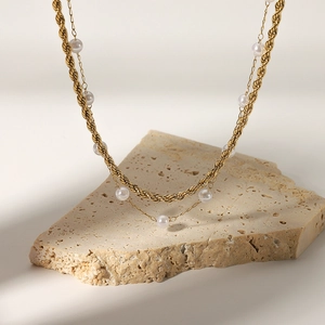 Double-layer 18K gold-plated stainless steel necklace with white pearls and rope chain