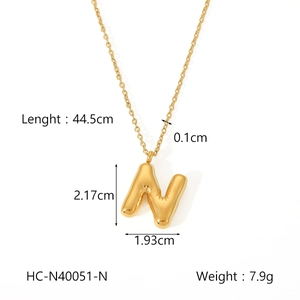 Detailed size specifications for a gold bubble letter N necklace pendant in stainless steel