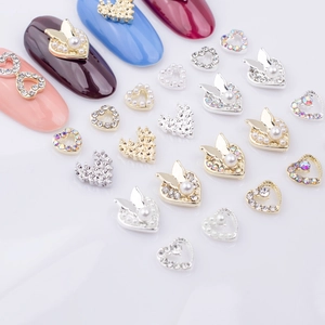 Alloy nail art charms set with heart, butterfly and pearl rhinestone decorations