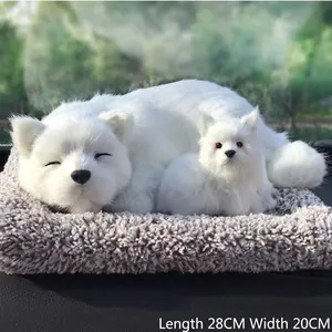 Realistic white plush toy cat models in 28x20cm size shown on grey felt background