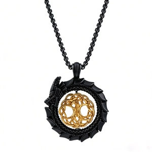 Ouroboros dragon pendant necklace with tree of life in black and gold stainless steel