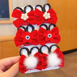 Girls Velvet Bow Hair Clips With Synthetic Hair Braids Long Ribbons Faux Artificial Pearl Bells New Year Performance Accessories