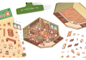 Detailed PET stickers featuring 3D miniature coffee shop scenes and cute animals