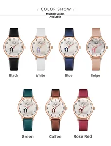 Vue à plat de montres à quartz colorées avec bracelets en cuir de sept couleurs