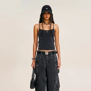 Front full view of black vintage washed cotton camisole with cross print and cargo pants