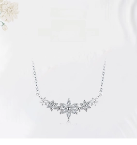 Macro view of S925 sterling silver flower necklace pendant with white cubic zirconia pavé
