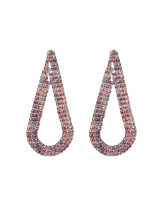 Detailed close-up of pink and purple gradient water drop tassel earrings with rhinestones