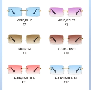 Detailed grid of rimless rectangular sunglasses in six gradient colors with gold metal frames