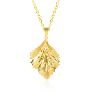 Minimalist 18k gold plated stainless steel leaf pendant necklace for women on white background