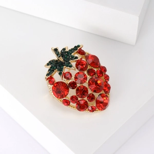 Summer strawberry brooch with red rhinestones on a gold alloy base for women