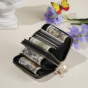 Porte-cartes noir accordéon avec imprimé papillon et double fermeture éclair pour billets