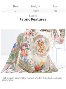 Detail of vintage floral print dress with soft, breathable fabric and scalloped edges