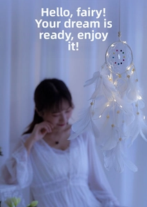 White dream catcher with LED lights, delicate feathers and decorative beads detail