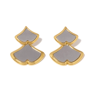 Double-layered fan-shaped stainless steel earrings with white shell inlay in gold frame