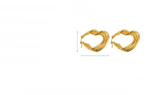 Detail view of 18K gold plated stainless steel layered heart hoop earrings showing dimensions