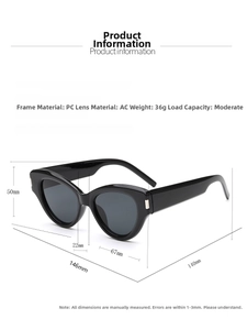 Detailed size chart for vintage cat-eye sunglasses with lens and frame measurements
