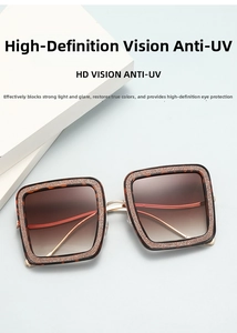 Detail of square tortoiseshell frame with golden glitter inlay and gradient HD lenses