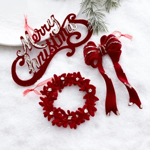 Three-piece red flocked Christmas decor set with Merry Christmas sign and bows