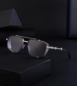 Macro detail of steampunk square sunglasses with silver metal frame and side mesh shield