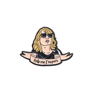 Funny cartoon woman enamel pin with Help Me I'm Poor banner for clothing decoration