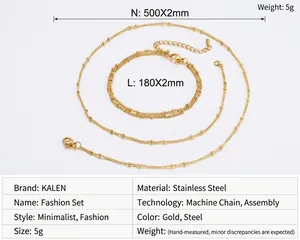 Golden stainless steel bead chain necklace and bracelet set with size specifications