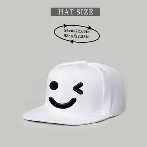 Size guide for white snapback hat with smiley embroidery showing 56cm to 58cm head circumference