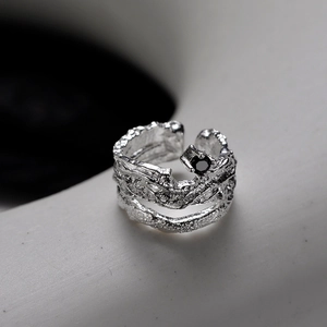 Minimalist S925 sterling silver open ring with irregular lava texture and black stone