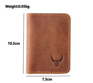 Detailed view of brown vintage leather card holder with product dimensions and logo