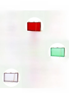 Grid view of acrylic transparent clutch bags in nine colors with gold chain straps