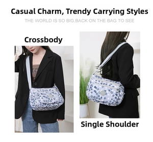 Detail showing versatile crossbody and shoulder wear for blue polka dot nylon bag