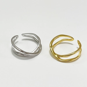 Irregular wavy S925 sterling silver open rings in gold and silver finish on white background