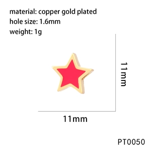 Detail showing 11mm red star charm dimensions and 1.6mm hole size on copper gold plated
