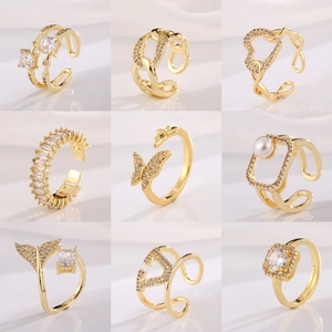 Adjustable Ring Gold Plated Copper Zircon Inlaid Minimalist Jewelry Elegant Fashion Open Finger Accessory For Women