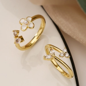Copper Adjustable Open Ring Gold Plated Zircon Enamel Flower Imitation Artificial Pearl INS Style Fashion Jewelry For Women