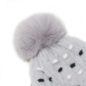 Vista detallada de gorro de punto gris con pompón esponjoso y patrón de lunares